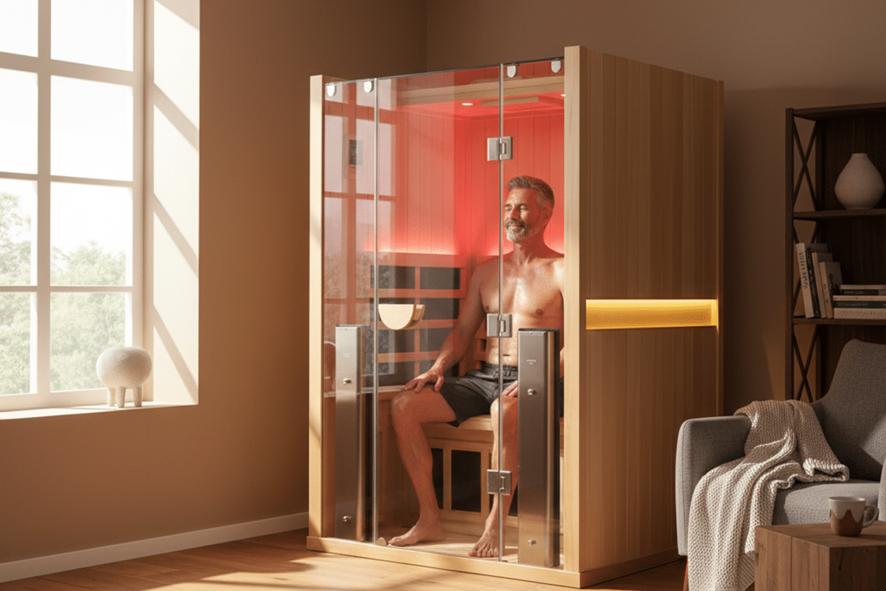 MIddle aged man in the sauna