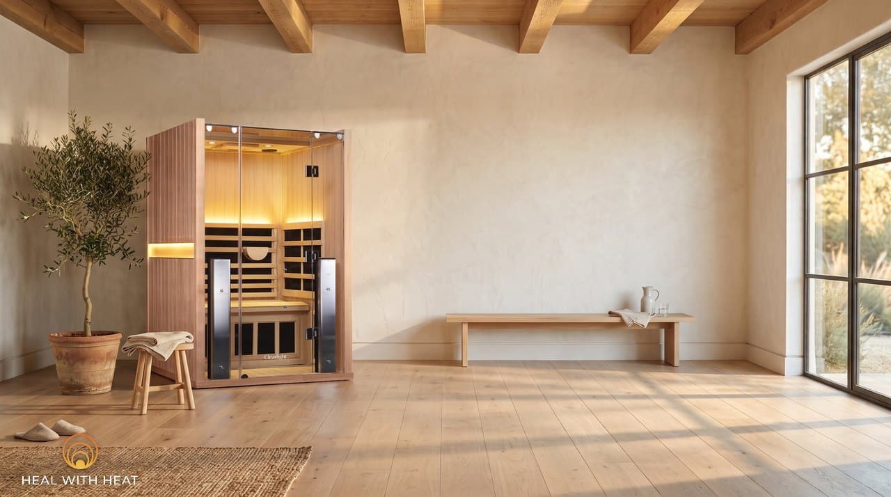 Clearlight Sanctuary 2 Mahogany infrared sauna in a sunlit home wellness room