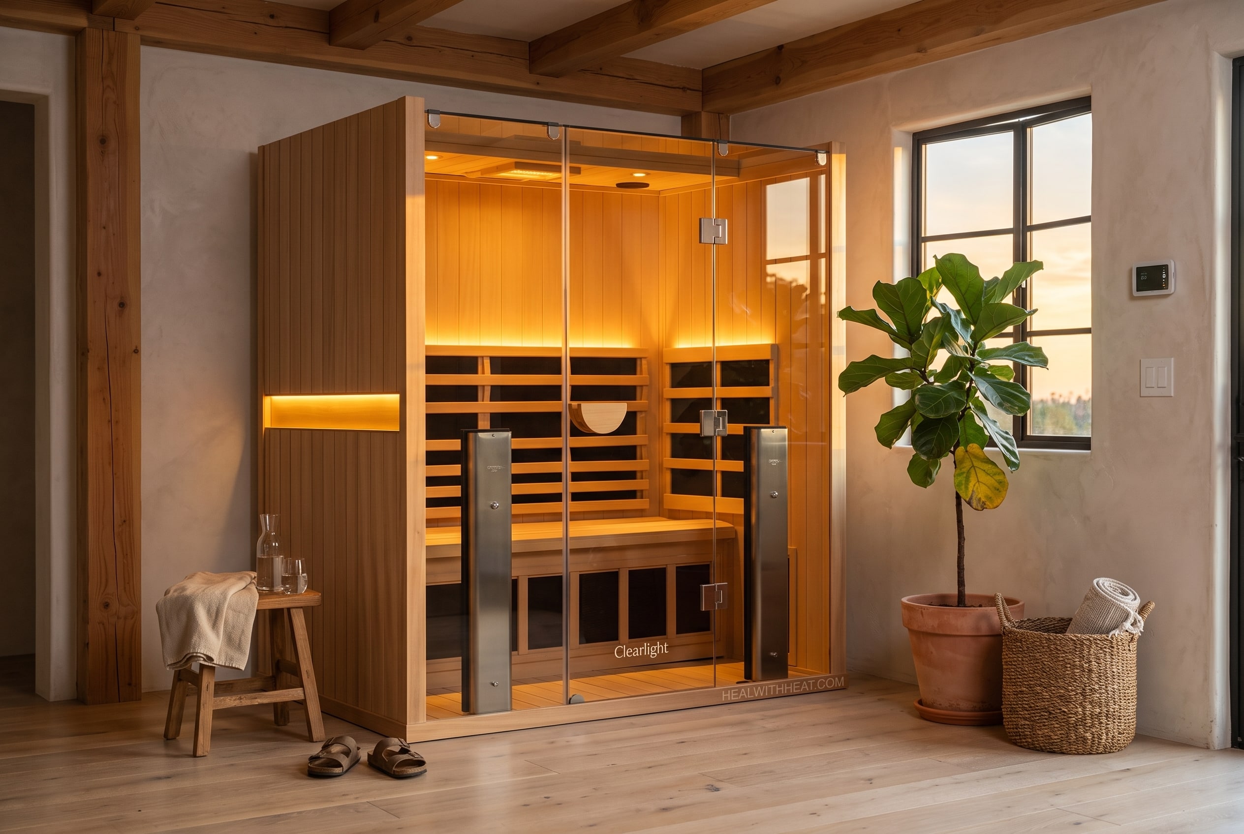 Clearlight Sanctuary 3 infrared sauna in a home with wood beams and a fiddle leaf fig
